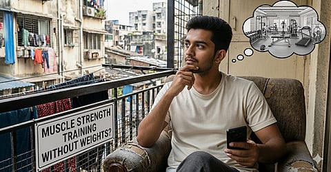 A young Indian man sitting on a sofa in his house balcony, holding a phone and thinking about strength training