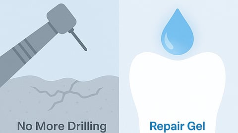 A collage showing a dental drill on left side and a blue enamel repair gel falling over the tooth on the right side.