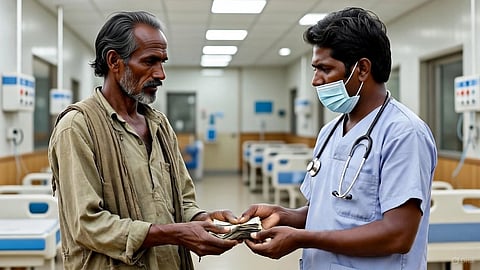 An image of a poor man handing cash to a healthcare staff.