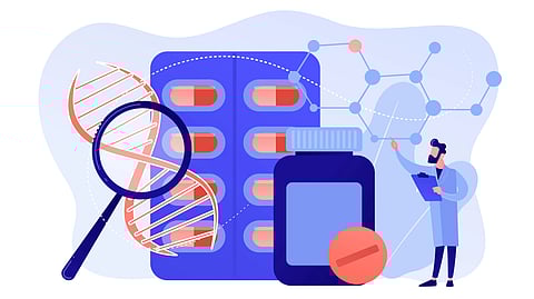 A medical illustration where a doctor is prescribing some medicines and some capsules and magnifying glass in the background.
