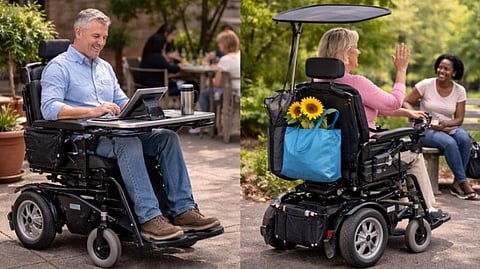 An image of two images show wheelchairs outdoors. On the left, a man uses a tablet. On the right, a woman waves, with sunflowers in a bag.