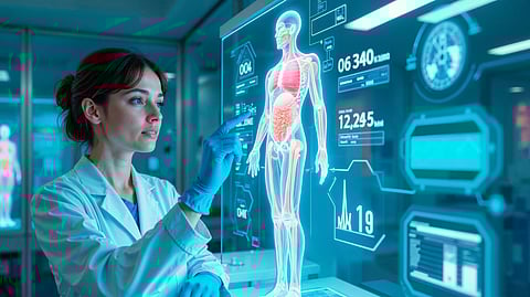 An image of female scientist in a lab coat and gloves interacts with a digital hologram of a human body.