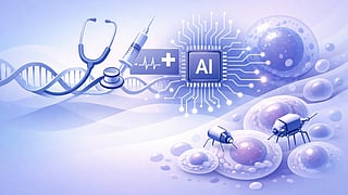 Abstract biotechnology landscape showing flowing DNA strands transforming into medical devices, AI circuits merging with biological cells, nanobots at microscopic scale