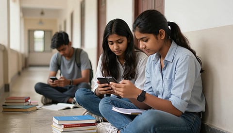 Group of three Indian teenage students fixated on a smartphone, ignoring surroundings, classroom corridor, scattered books