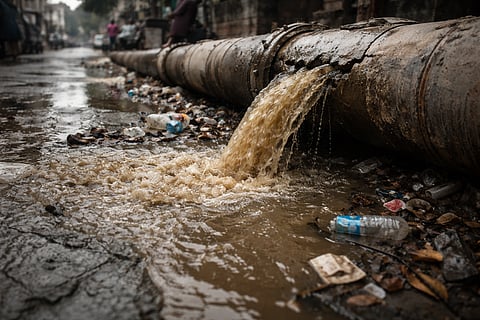 A cracked urban water pipeline leaking dirty, brownish water into a street, symbolizing contamination and neglect.