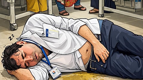 Cartoon-style illustration of an intoxicated doctor lying on the floor of a hospital ward.