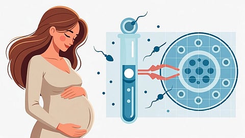 Illustration of a pregnant woman on left and ivf process on right.