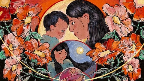 A vibrant, circular composition featuring a mother and child, surrounded by large, colorful flowers.