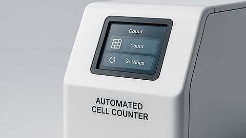 White automated cell counter with a digital screen displaying cell analysis results in a modern laboratory setting.