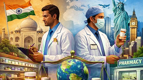 Illustration comparing pharmacy careers in India and abroad, showing two pharmacists, and a balance scale symbolizing career and financial decisions.