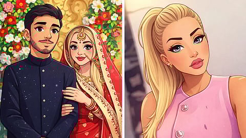 Collage of an AI generated wedding pic on the right and a selfie of a woman in a pink top.