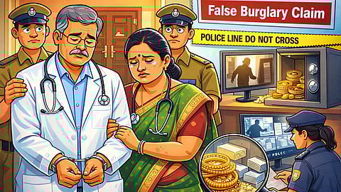 Cartoon-style illustration showing an Indian doctor couple being arrested by police, with officers standing behind them, CCTV footage on a screen, and gold jewelry and silver stored safely in a cupboard.