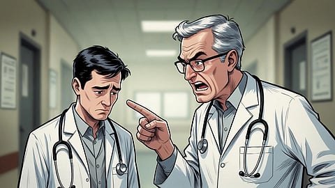 Illustration of a junior doctor being scolded by a senior doctor.