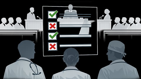 A transparent checklist graphic with ticks and crosses, floating over a backdrop of courtroom silhouettes. Doctors’ silhouettes in the foreground.