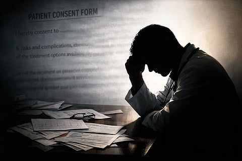 A physician in silhouette, head bowed, sitting at a desk with medical charts scattered.
