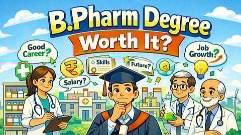 Cartoon-style illustration of a B. Pharm graduate in a cap and gown holding a diploma, surrounded by healthcare professionals.