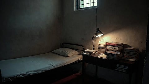 A hostel room with study table and medical books kept on it along with bed.