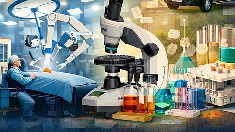 Symbolic visuals of hospitals, doctors, laboratories, emergency care, and digital health infrastructure in the background.