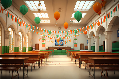 An empty classroom decorated with tricolor balloons and banners with window arches.