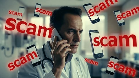 An illustration of a doctor getting calls and lots of phones surrounding him up in aur and scam written.