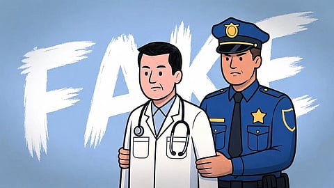 An illustration of a doctor and a police holding him and fake written in the background.