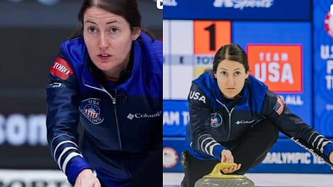 Collage of two images of Tabitha Peterson Lovick playing the sports in a competition.