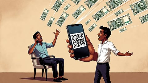 An illustration of a man sitting on a chair making calls and another man holding a phone with a QR code and 500 INR notes flying around.