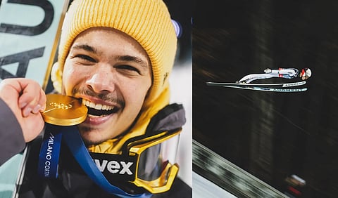 Images of German Ski Jumper Philipp Raimund with his gold medal and him in flight during Skiing