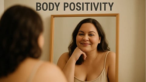 A smiling woman wearing a tank top looking in a mirror.