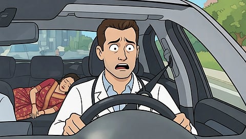 Illustration of a doctor driving a car looking scared and a woman lying unconscious in the back seat.