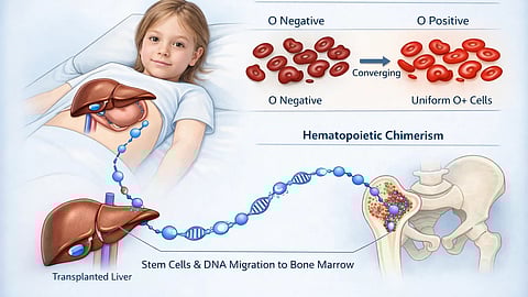 Illustration showing liver transplant and hematopoietic chimerism.