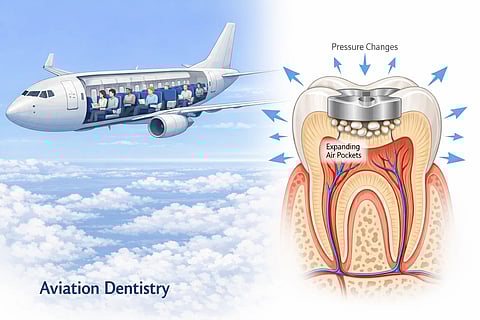 AI image showing expanding air under an improper dental restoration during air travel with a passenger plane in background.