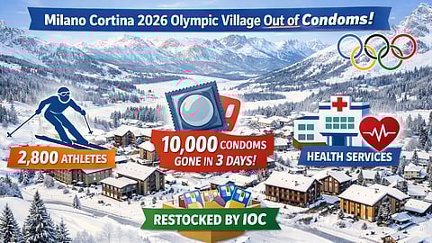 Aerial view of snowy Olympic Village with infographic overlay showing numbers and icons representing athletes and health resources, clean media thumbnail style.