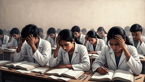 An illustration of medical students sitting on bench and looking stressed while studying.