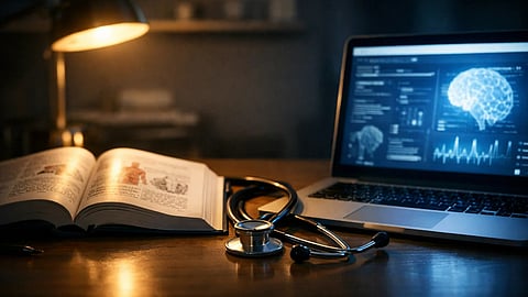 Doctor’s desk with medical textbook, laptop, and stethoscope at night