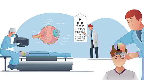 Vision correction flat illustration with ophthalmologists checking sight selecting lenses