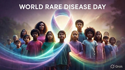 A poster with different colors and children and world rare disease day on text.