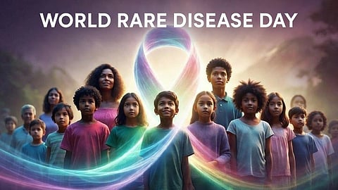 A poster with different colors and children and world rare disease day on text.