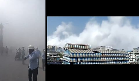 Two pictures from site of oleum gas leak Palghar MIDC chemical unit depicting white gas being spread
