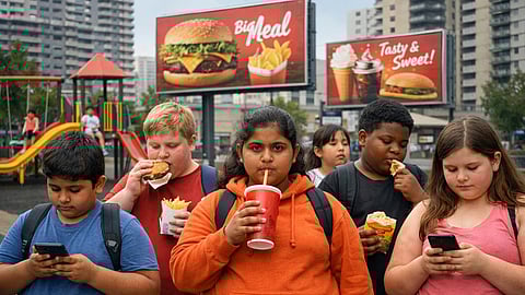 A group of young teenagers eating junk food and sugary beverages. A playground in the background has very few kids.