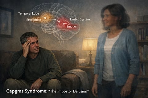 Two persons in a living room where one man looking confused and another appearing blurred with a diagram of brain and its lobes present.