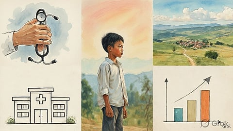 A little boy and 4 quarters representing stethoscope, land, hospital drawing and a bar graph.