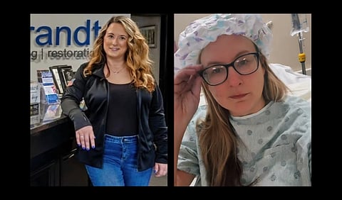 Rachel Tussey wearing a black jacket and jeans in image 1 and Rachel Tussey wearing scrubs in the hospital