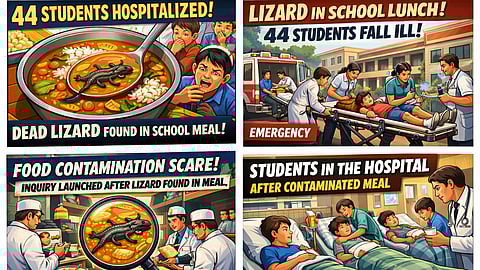 Scenes Portraying Food contamination scare in Coimbatore after 44 students were hospitalized when a lizard was found in a school noon meal.