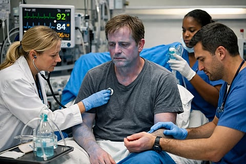 A man with blue skin in an emergency room of a hospital.