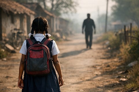 A symbolic illustration of a schoolgirl walking on a rural road with a blurred shadowy figure in the background