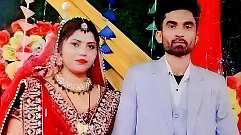 The victim's picture in red saree and the murderer in a grey suit.