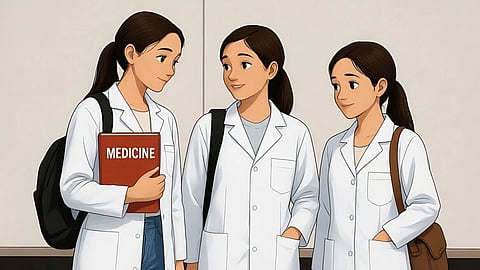Illustration of 3 women medical students in white coats, holding bags and holding a red medicine book.