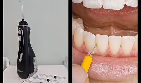 An oral irrigator and Interdental brush in use