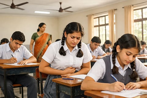 A girl child holding her abdomen in an examination hall.